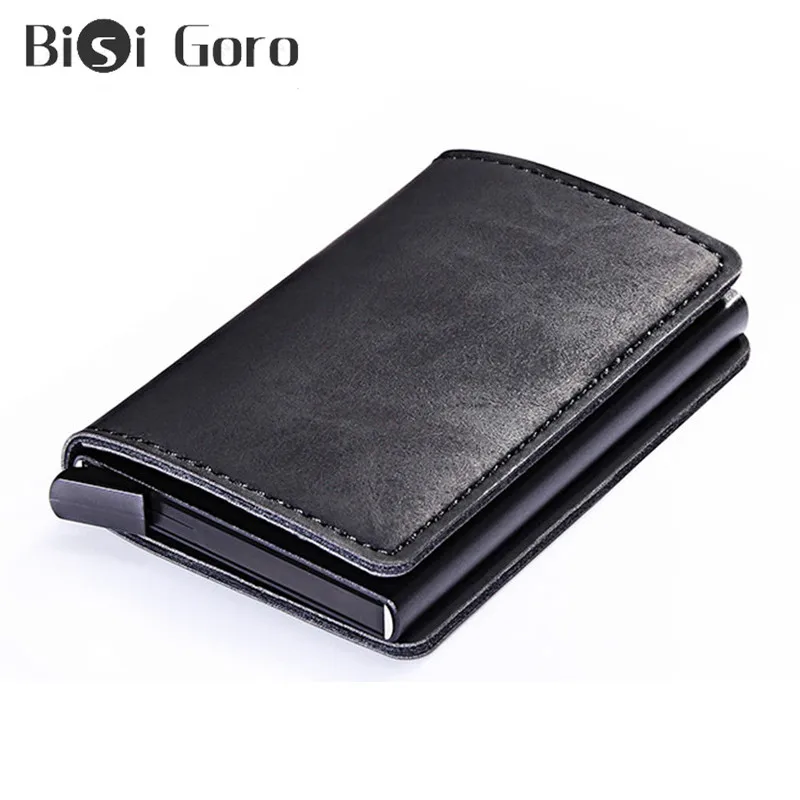 

BISI GORO RFID Men Wallets For Credit Card Vintage Black Short Wallets 2019 New Metal Leather Small Card Wallets Thin Purse