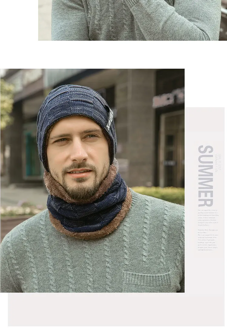 Men's Hat Scarf 2 Pieces Suit Add Down Warm and Fashionable EU/US Style Men's Winter Hat Knitting Process Thickening Windproof