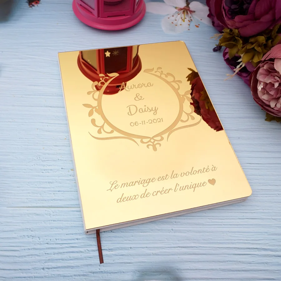 Acrylic Mirror Cover Flowers Design Guest Book Unique Bride & Groom Memory Album,Wedding Party Decoration Newlyweds Gift