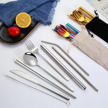 

7PCS Portable Stainless Steel Tableware Set Reusable Fork Spoon Knife Straw Cleaning Brush Camping Travel Cutlery with Pouch