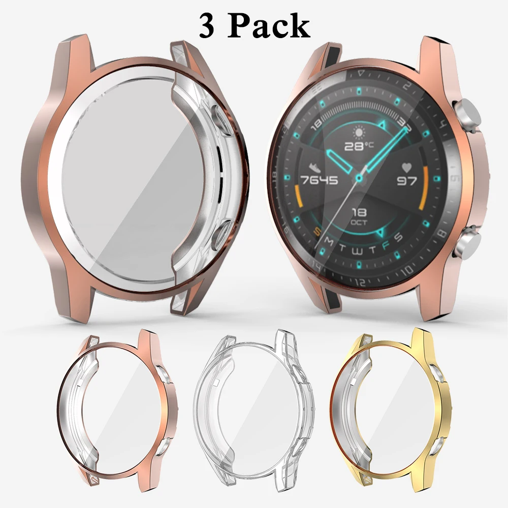 Rose Gold-Clear-Gold 3 шт. в упаковке, прочные, устойчивые к царапинам защитные аксессуары для часов для huawei GT 2 46 мм, Мягкий ТПУ защитный чехол-бампер - Цвет: Rose Gold-Clear-Gold