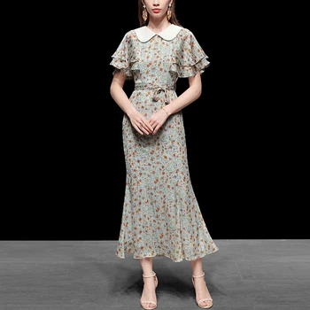 

Seifrmann Vintage Print Chiffon Mermaid Dress Women Summer Fashion Designer Butterfly Sleeve Slim High waist Ladies Midi Dresses