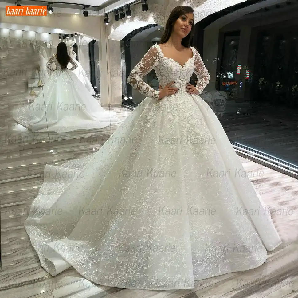 Robe De Mariee De Luxe En Dentelle A Manches Longues Tenue De Bal Avec Des Appliques Perlees Style Arabe 2021 Aliexpress