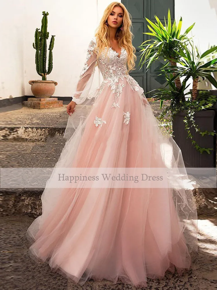 Booma-Elegant-Lace-Appliqued-Soft-Tulle-Pink-Wedding-Dresses-2020-Long-Sleeve-Beach-Boho-Bridal-Gowns (1)