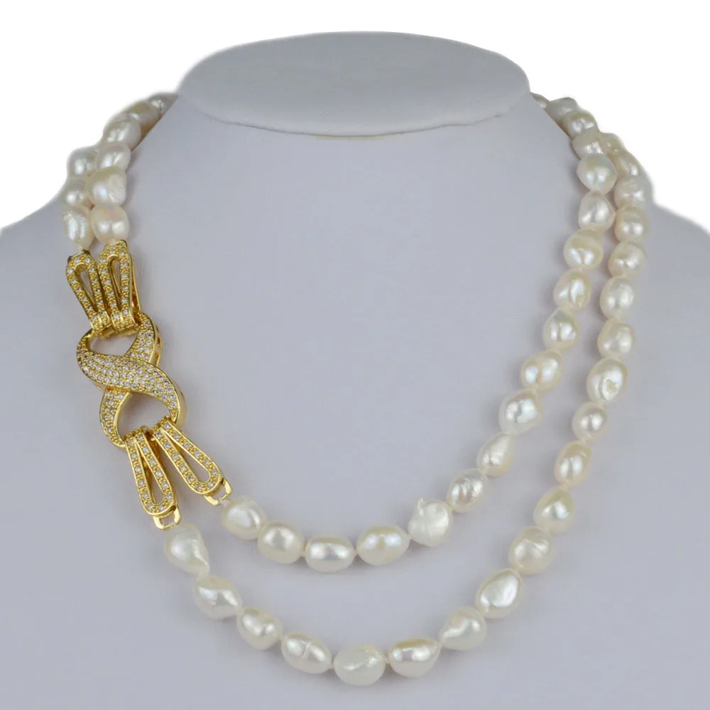 

2 Row 9-10mm White Freshwater Pearl Zircon Necklace 17-18inch Beads Hand Made Jewelry Making Natural Stone Accessories Wholesale