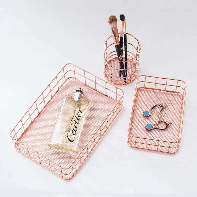 Iron Storage Basket Rose Gold Jewelry Box Receives Box Adornment Room Office Desk Decor Tabletop Storage Box Home Decoration