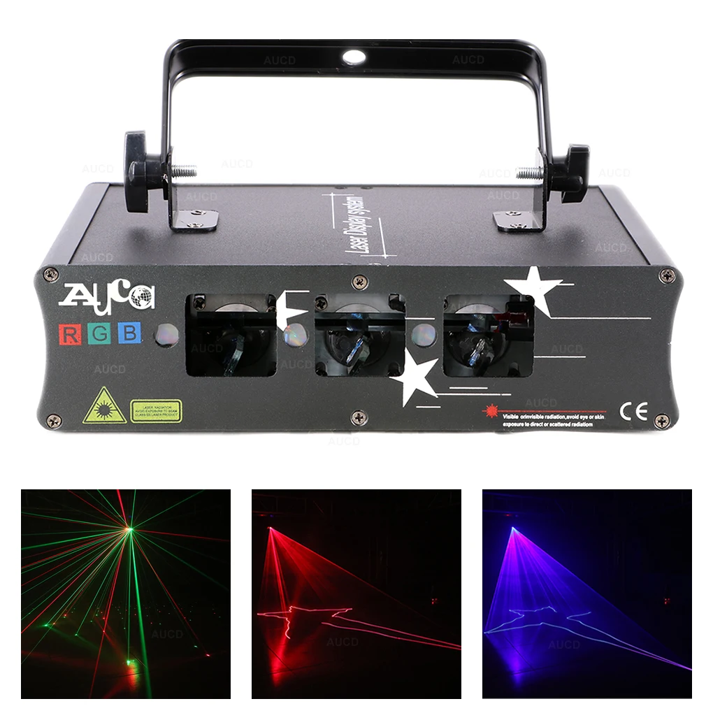 

AUCD DMX Single 3 Lens Red Green Blue Beam Scan & RGB Fireworm Grating Mix Disco DJ Party Show Stage Projector Laser Lights H-Q6