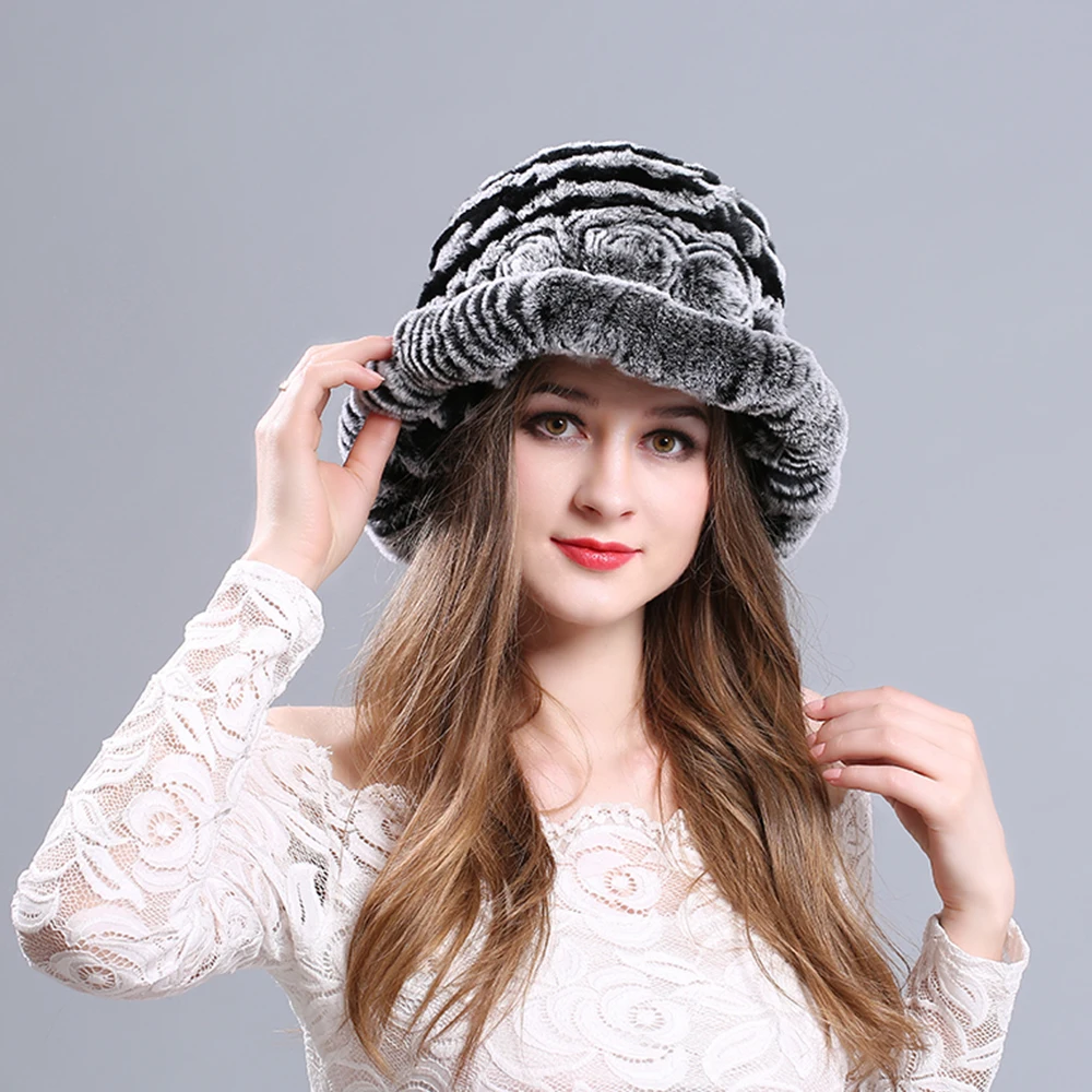 Winter Women Real Fur Hats Fashion Ski Hat Ear Warmer Elastic Rabbit hair Cap Thick - Цвет: Black-Gray