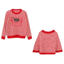 Костюм на осень и зиму, топ с круглым вырезом и вышивкой в виде бриллиантов и птиц, топ с длинными рукавами и трикотажная юбка