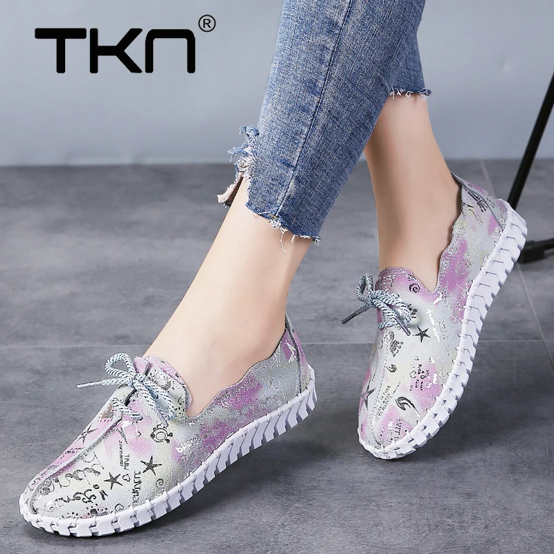 

TKN Autumn Women Flats Sneakers Shoes Genuine Leather Flats Female Shoes Lace Up Walking Shoes Slip on Loafers Boat Shoes 7760