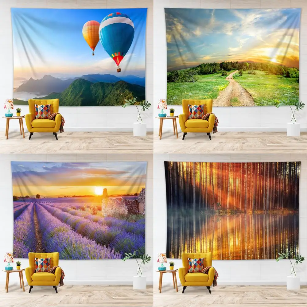 

Nature Landscape Wall Tapestry Tree Forest Lavender Meadow Carpet Wall Cloth Tapestries Hippie Beautiful Scenery Tapestry