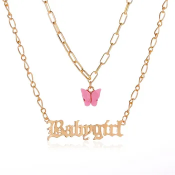 

Popular Fashion Layered Necklace Girls Acrylic Butterfly Double Layer Letter Angel Babygirl Pendant Necklace Jewelry For Women
