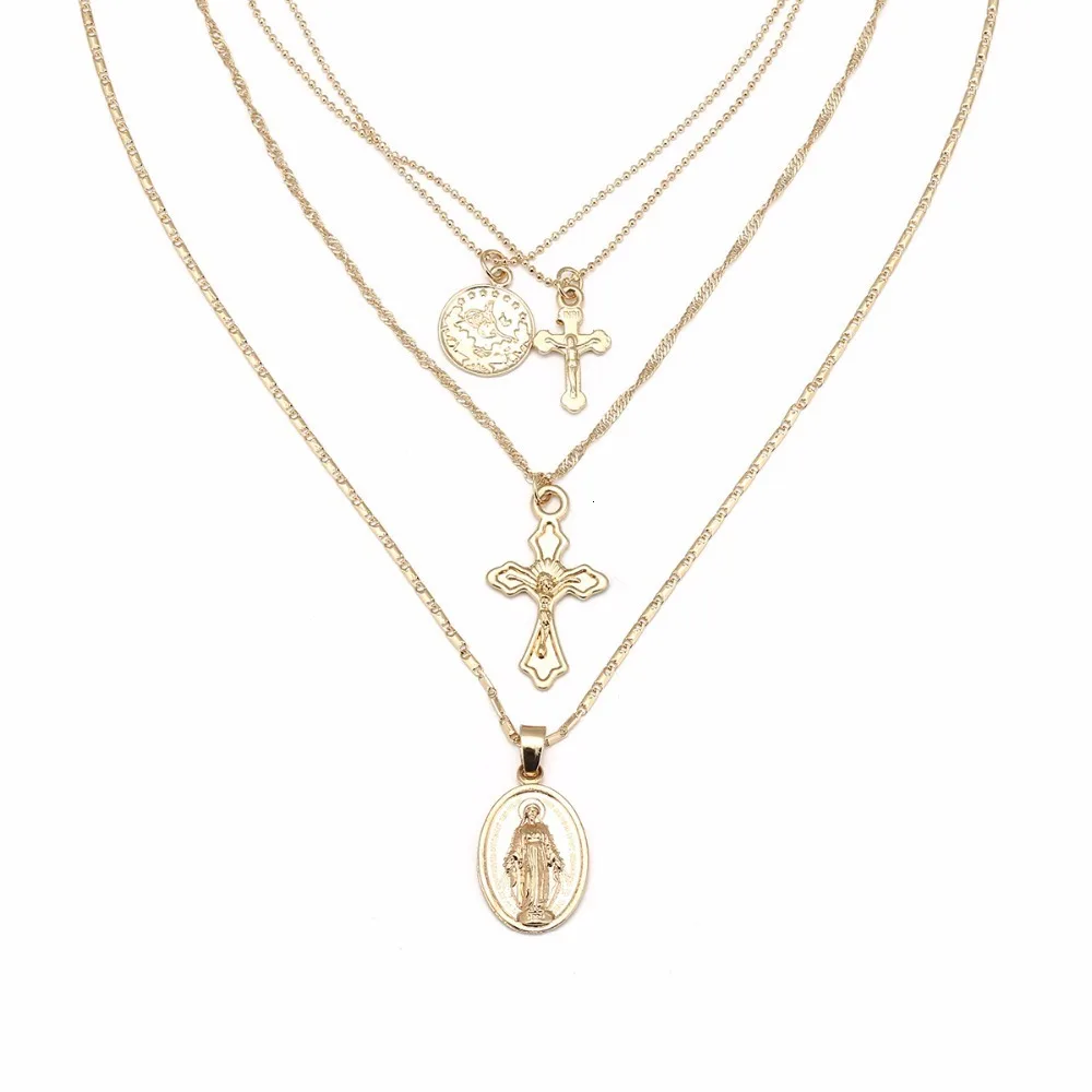Ingemark золотой цвет богемы крест слоистых ожерелье Иисус, Дева Мария цепи кулон ожерелье подарок на Пасху для женщин ювелирные изделия