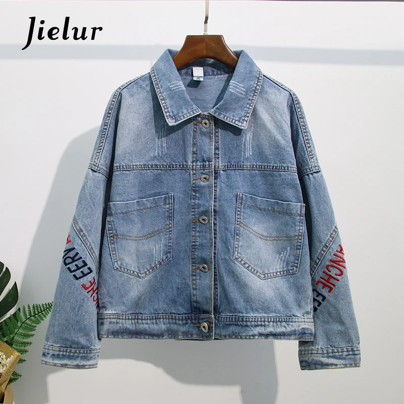 

Jielur Jacket Women Embroidery Hipster Pockets Denim Coat Solid Color Slim Coats Jeans Jacket Women Button Autumn S-XXXL