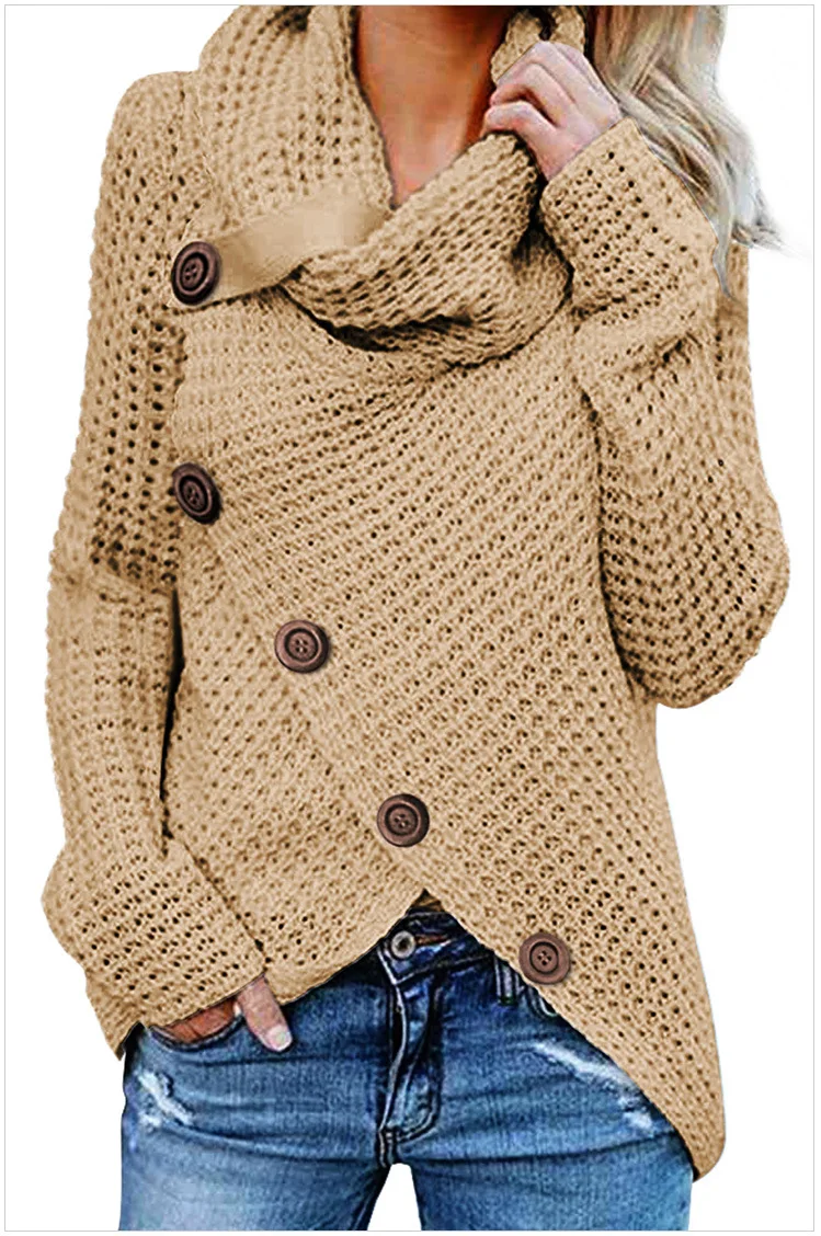 Осенний и зимний однотонный толстый свитер, женский Однорядный Асимметричный свитер с диагональной пряжкой и длинным рукавом, женская одежда