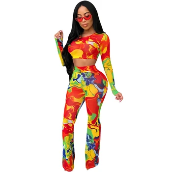 

Women Long Sleeve O-Neck Crop Top Wide Leg Pants 2 Piece Set For Female Women Tops Pants Two Pieces Sets Women's Suits