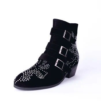 

2020 Fashion 4CM Block High Heel Women Ankle Boots Feminine Pointed Toe Western Black Booties Size 34-43