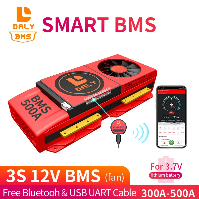 팬 스마트 BMS 3S 12V 리튬 이온 8650 배터리 300A 400A 500A Fre 블루투스 USB UART 장치 NTC 리튬 이온 태양 광 인버터