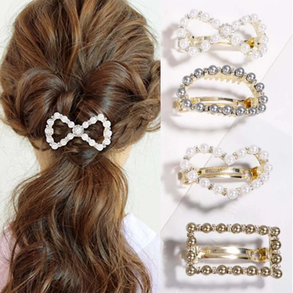 

New Creative Geometry Round Bow Square Love Heart Hairpin Korean Version Of The Imitation Pearl Hairpin