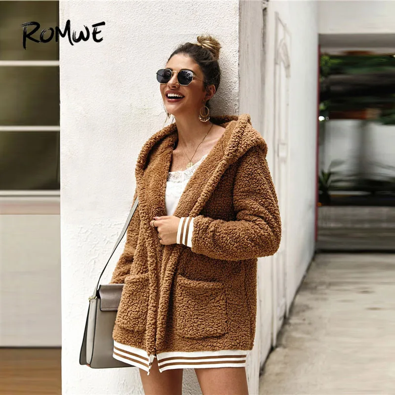 Greatest  ROMWE Contrast Stripe Trim Hooded Teddy Jacket Winter 2019 Coat Women Long Sleeve Casual Pocket Bom