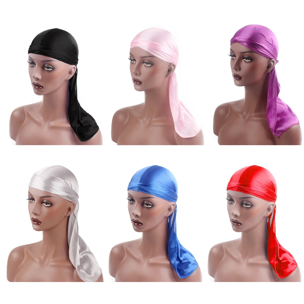 6pcs Soft Smooth Durag Waves Caps with Long Tail Wide Straps for Men and Women Hair Loss Chemo Beanie Wave Cap