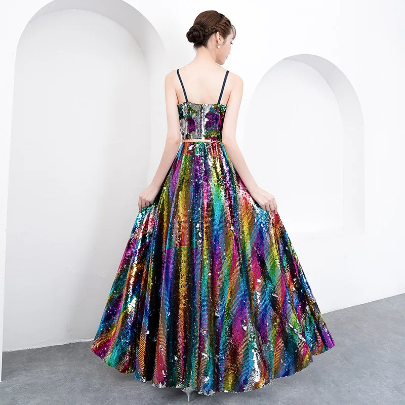 Женское длинное шикарное платье с блестками, радужные блестящие Длинные вечерние платья, элегантные радужные платья с завышенной талией - Цвет: Многоцветный