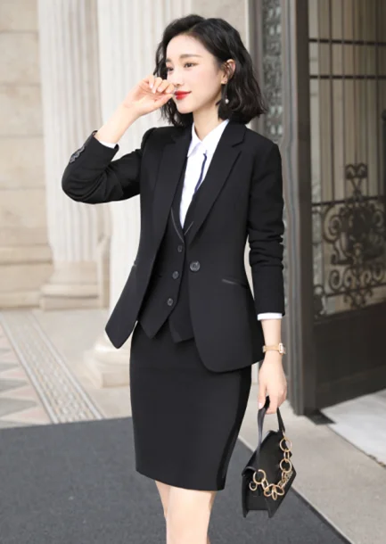 Black coat and skirt Профессиональный юбочный костюм для женщин деловой формальный Гари Темперамент Мода осень зима блейзер и юбка офисная Дамская Рабочая одежда - Цвет: Black coat and skirt