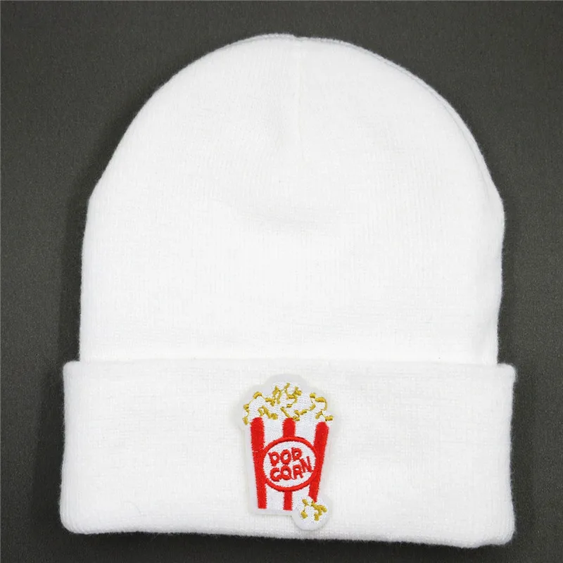 Белый Хлопковая утолщенная вязаная шапка с вышивкой Popcorn, зимняя теплая шапка Skullies, шапка бини для мужчин и женщин 109 - Цвет: Белый