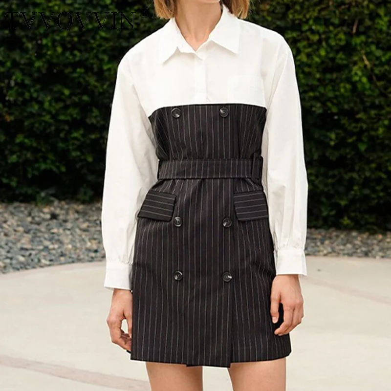 Spring Woman High Quality Hit Color Long Sleeve Turn-down Collar High Waist Sashes False 2 Piece Dress All Match V652