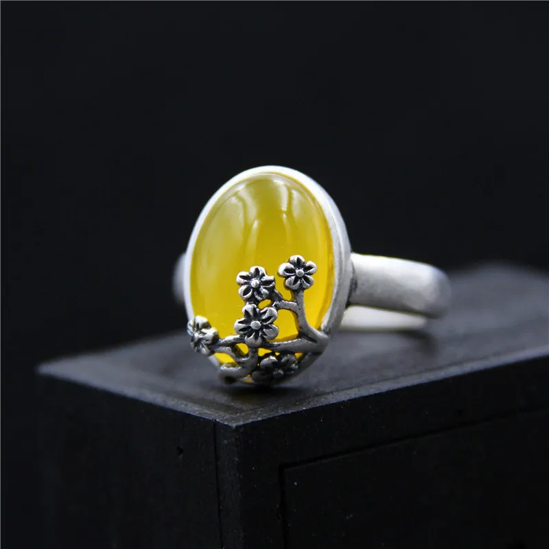 

S999 Pure Silver Yellow Chalcedony Resizable Rings for Women Vintage Ethnic Style Fine Jewelry