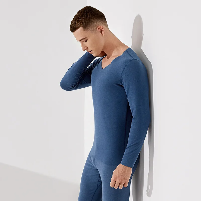 

V-neck men's cationic de Plush traceless thermal underwear set thin frosted bottom autumn clothes youth wholesale