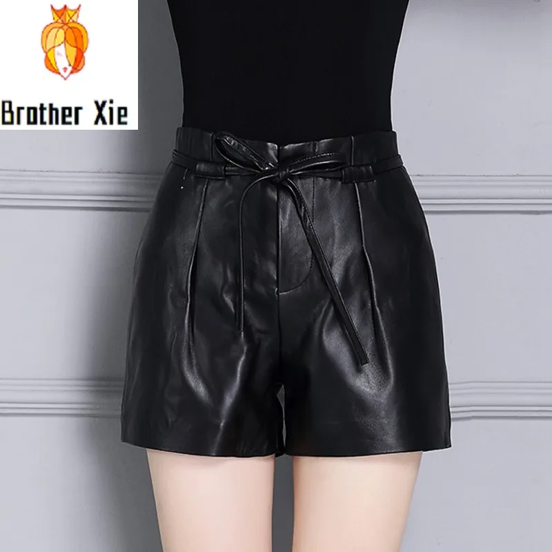 

New Office lady Punk Style Female Shorts Genuine Leather Streetwear Casual High Waist Drawstring Trousers Sheepskin Autumn Woman