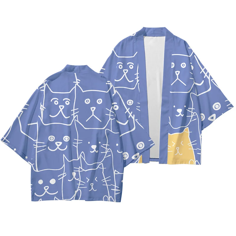 Harajuku Japanese Fashion Kimono Cute Kitten Printed Men and Women Cardigan Blouse Haori Obi