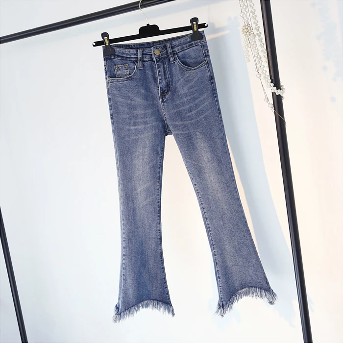 Расклешенные женские джинсы с высокой талией Новые весенние колокольчик-кисточка с отворотом джинсовые ковбойские брюки длиной до щиколотки тонкие женские брюки