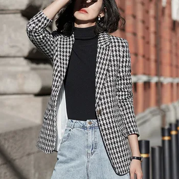 

Tweed Jackets Women Korean OL Fashion Office Ladies Work Wear Houndstooth Coats Female Autumn Vintage Slim Plaid Outerwear