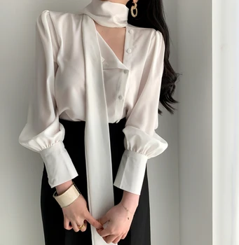 

New Spring Summer Fashion Tunic Women Blouse Shirts Long Sleeve Tie Bow Chiffon Formal Women white Shirts