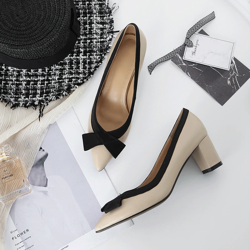 

2019 Spring New Style Pointed-Toe Korean-style Versatile Chunky High Heel Shoes Genuine Leather Low-Cut Sweet Bow Semi-high Heel