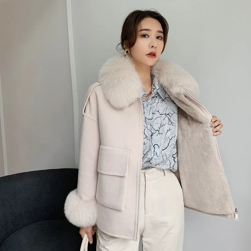 

Ladies Winter Thick Wool Parka Real Fox Fur Collar Cuffs Fluffy Natural Rabbit Lining Jackets For Women Overcoat