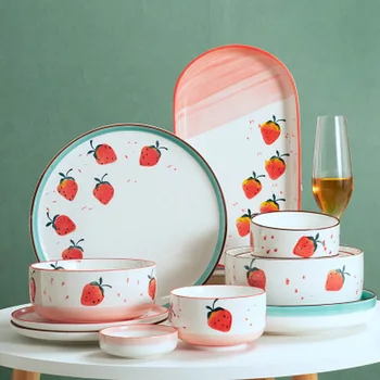 

Ceramic Bowl Dish Plate Set Porcelain Dinnerware Creative Shape Strawberry Ramen Salad Bowl Fruit Dessert Tray Couple Tableware