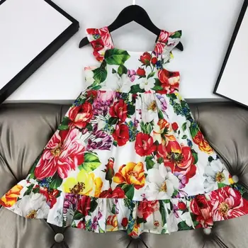 

European and American children's wear 2020 summer new style Condole belt Flower print flounce baby Girl's dress