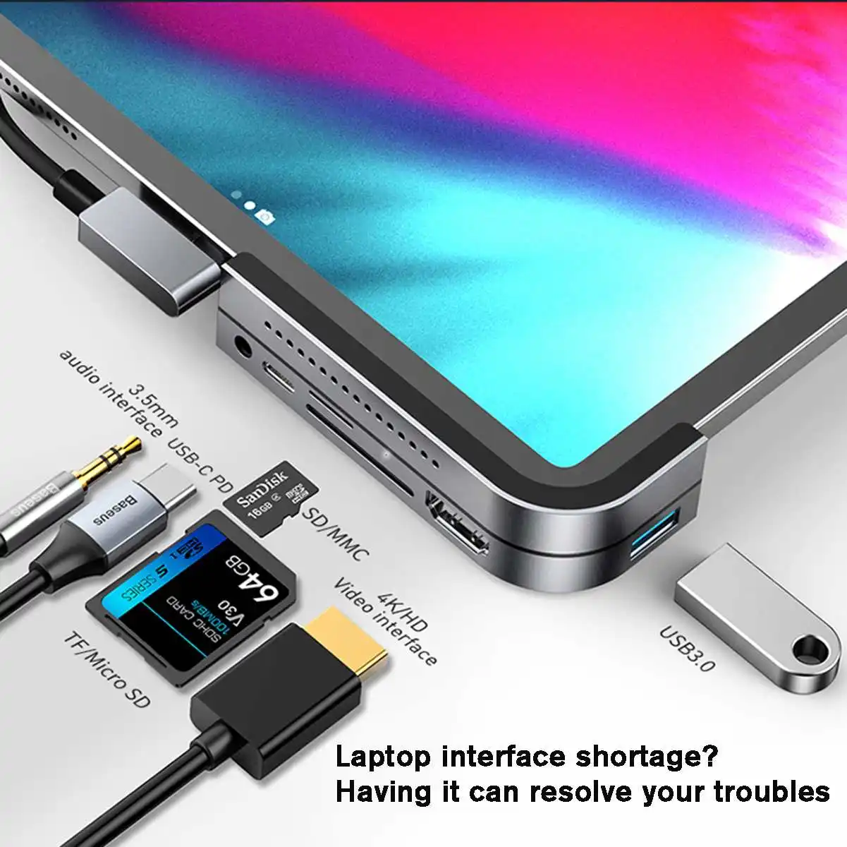 

Baseus USB Splitter USBC HUB to HDMI USB3.0 USB HUB Adapter for iPad Pro Card Reader for MacBook Pro Surface Go 6 Port USB-C HUB