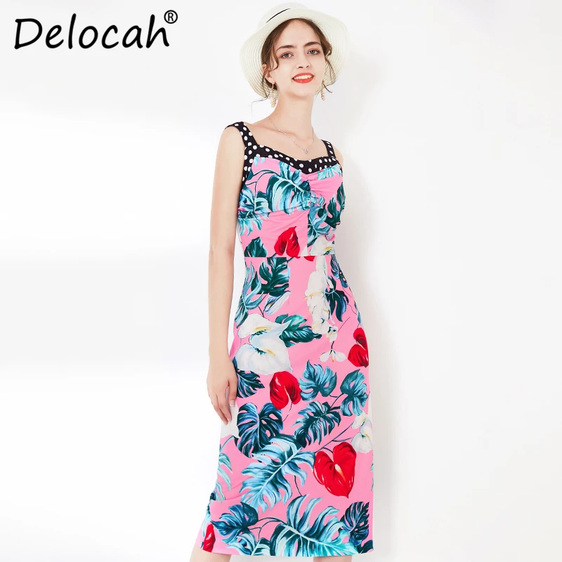 Delocah, весенне-летнее женское платье, подиумное, модное, дизайнерское, сексуальное, на тонких бретельках, в горошек, с растительным принтом, тонкое, офисное, женское платье
