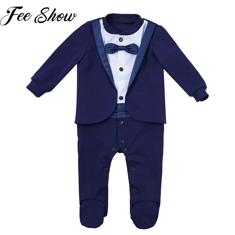 Baby Boy Wedding Christening Bow Tie Formal Tuxedo Romper Outfit 