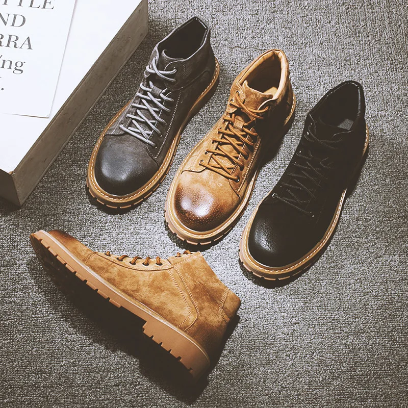 

Genuine Leather Martin Boots Men's Winter plus Velvet Warm Hight-top MEN'S Shoes Desert Boots England Fashionable Boots Mid-top