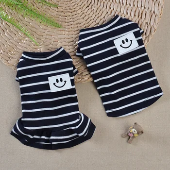 

Male And Female Dogs Couple Stripe Pet Clothes T Shirts Smile Dog Dresses Summer Pet Clothes Puppy For Samll