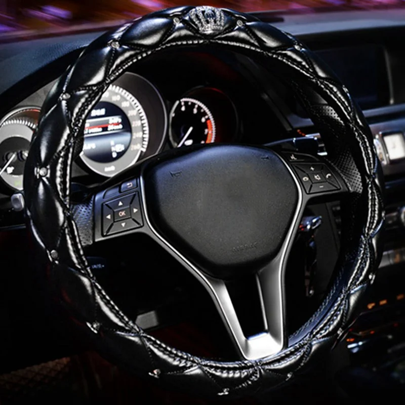 Женские ПУ Кожаные чехлы рулевого колеса автомобиля алмаз Авто рулевое покрытие Чехлы для леди девушки автомобильные аксессуары