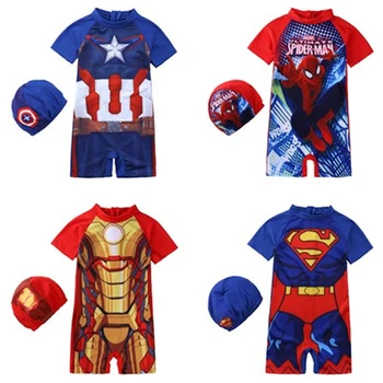 

Cartoon Print Kids Swimwear Boys One-Piece Swimsuit Baby Swimming Trunks Plus Cap Marvel Hero Children Water Movement Outfits