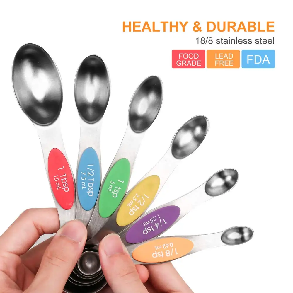 6 Pcs Magnetic Measuring Spoons Set Stainless Steel Dual Sided Stackable Teaspoons Tablespoons for Dry or Liquid Fits in Spice