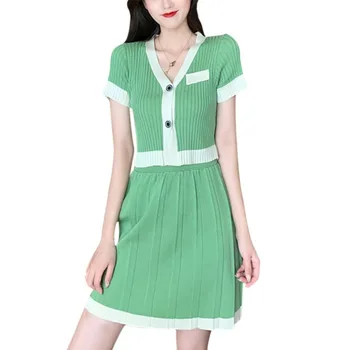 

Women's Sets 2-Piece Fashion Sweet Women Summer V-neck Patchwork Color Short Sleeve T-shirt Blouse+Short Skirt 3-color