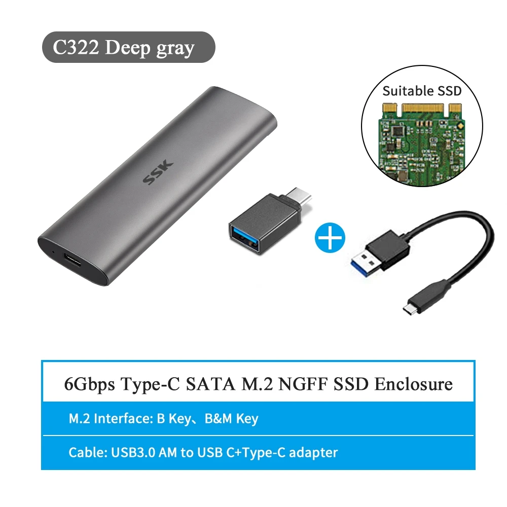 SSK M.2 SSD Case  NVME Enclosure M.2 to USB Type C 3.1 SSD Adapter for NVME PCIE or NGFF SATA based M key (M+B) key M.2 SSD Box box hdd external 2.5 HDD Box Enclosures